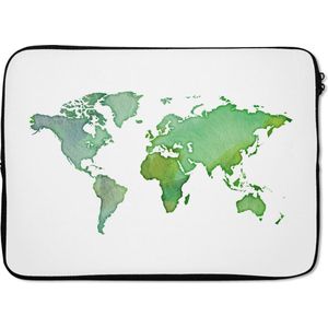 Laptophoes 14 inch 36x26 cm - Waterverf wereldkaart - Macbook & Laptop sleeve Wereldkaart gemaakt met waterverf en groene kleuren op een witte achtergrond - Laptop hoes met foto
