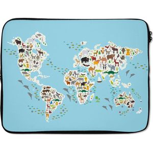 Laptophoes 17 inch - Wereldkaart kinderen - Dieren - Kleuren - Laptop sleeve - Binnenmaat 42,5x30 cm - Zwarte achterkant