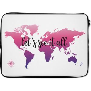 Laptophoes 14 inch 36x26 cm - Trendy wereldkaarten - Macbook & Laptop sleeve Roze-getinte wereldkaart met tekst en kompas - Laptop hoes met foto