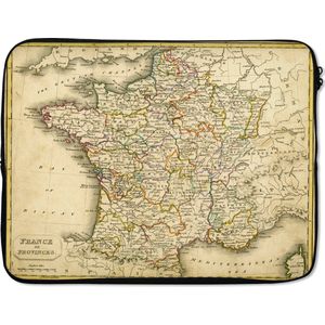 Laptophoes 15.6 inch - Vintage kaart van Frankrijk - Laptop sleeve - Binnenmaat 39,5x29,5 cm - Zwarte achterkant