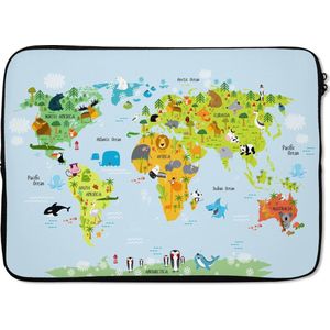 Laptophoes 13 inch 34x24 cm - Eigen Wereldkaarten - Macbook & Laptop sleeve Wereldkaart voor kinderen Dieren - Laptop hoes met foto