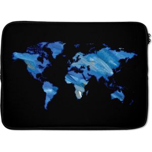 Laptophoes 14 inch 36x26 cm - Waterverf wereldkaart - Macbook & Laptop sleeve Waterverf wereldkaart blauwe stroken op zwarte achtergrond - Laptop hoes met foto