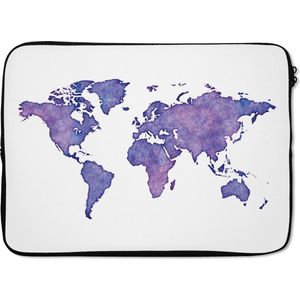 Laptophoes 13 inch 34x24 cm - Waterverf wereldkaart - Macbook & Laptop sleeve Wereldkaart gemaakt van waterverf en paarse kleuren op een witte achtergrond - Laptop hoes met foto