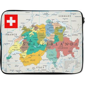 Laptophoes 17 inch - Kleurrijke kaart van Zwitserland - Laptop sleeve - Binnenmaat 42,5x30 cm - Zwarte achterkant