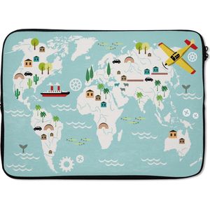 Laptophoes 14 inch 36x26 cm - Eigen Wereldkaarten - Macbook & Laptop sleeve Wereldkaart voor kinderen lichtblauw - Laptop hoes met foto