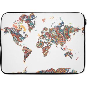 Laptophoes 14 inch 36x26 cm - Trendy wereldkaarten - Macbook & Laptop sleeve Kleurrijke versiering in de vorm van een wereldkaart - Laptop hoes met foto