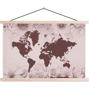 Posterhanger incl. Poster 60x40 cm - Schoolplaat - Wereldkaart - Bloemen - Paars - Textielposter - Blanke latten