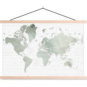 Posterhanger incl. Poster 60x40 cm - Schoolplaat - Wereldkaart - Waterverf - Grijs - Textielposter - Blanke latten