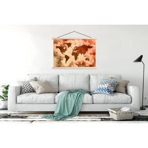 Posterhanger incl. Poster 120x80 cm - Schoolplaat - Wereldkaart - Rood - Bruin - Textielposter - Blanke latten