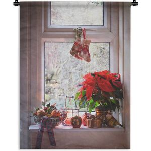 Wandkleed Planten in de vensterbank - Kerstster in de vensterbank Wandkleed katoen 120x160 cm - Wandtapijt met foto XXL / Groot formaat!