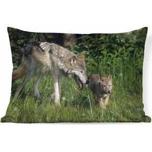 Sierkussen Wolven voor binnen - Wolf met jong in het gras - 60x40 cm - rechthoekig binnenkussen van katoen