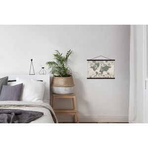 Posterhanger incl. Poster 60x40 cm - Schoolplaat - Wereldkaart - Grijs - Bloemen - Textielposter - Zwarte latten