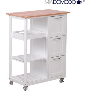 Miadomodo keukentrolley – keukentrolley op wieltjes – serveerwagen – hout – keukenblok – keukenkast - 67 x 37 x 84 cm – 3 lades – wit