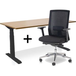 Zit-sta bureau elektrisch verstelbaar +  ERGO Bureaustoel | ARBO PRO NEN-EN 527 Thuiswerkset | frame bureau zwart - bureaublad havanna | 120x80 cm