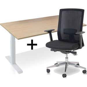 Zit-sta bureau elektrisch verstelbaar +  ERGO Bureaustoel | MRC PRO NEN-EN 527 Thuiswerkset | frame bureau wit - bureaublad wild peren | 140x80 cm