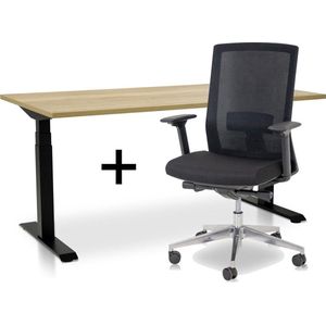 Zit-sta bureau elektrisch verstelbaar +  ERGO Bureaustoel | ARBO  PRO NEN-EN 527 Thuiswerkset | frame bureau zwart - bureaublad robuust eiken | 140x80 cm