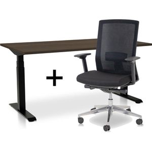 Zit-sta bureau elektrisch verstelbaar +  ERGO Bureaustoel | ARBO  PRO NEN-EN 527 Thuiswerkset | frame bureau zwart - bureaublad bruin eiken | 140x80 cm