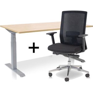 Zit-sta bureau elektrisch verstelbaar +  ERGO Bureaustoel | MRC PRO NEN-EN 527 Thuiswerkset | frame bureau aluminium - bureaublad wild peren | 140x80 cm