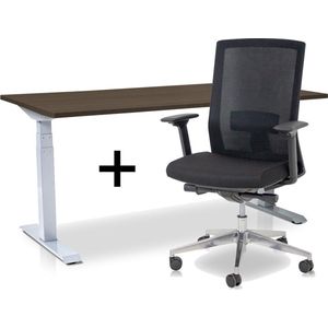 Zit-sta bureau elektrisch verstelbaar +  ERGO Bureaustoel | MRC PRO NEN-EN 527 Thuiswerkset | frame bureau wit - bureaublad bruin eiken | 160x80 cm