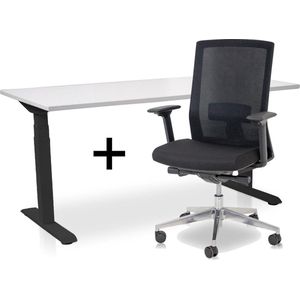 Zit-sta bureau elektrisch verstelbaar +  ERGO Bureaustoel | ARBO  PRO NEN-EN 527 Thuiswerkset | frame bureau zwart - bureaublad wit | 160x80 cm