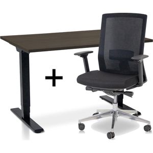 Zit-sta bureau elektrisch verstelbaar +  ERGO Bureaustoel | ARBO COMFORT NEN-EN 527 Thuiswerkset | frame bureau zwart - bureaublad bruin eiken | 140x80 cm