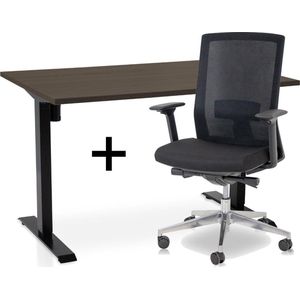 Zit-sta bureau elektrisch verstelbaar +  ERGO Bureaustoel | ARBO EASY Thuiswerkset | frame bureau zwart - bureaublad bruin eiken | 120x80 cm