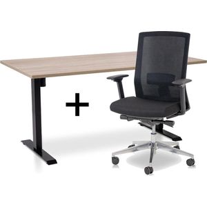 Zit-sta bureau elektrisch verstelbaar +  ERGO Bureaustoel | ARBO EASY Thuiswerkset | frame bureau zwart - bureaublad midden eiken| 160x80 cm