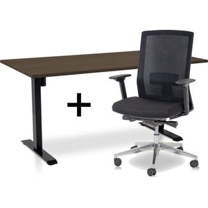 Zit-sta bureau elektrisch verstelbaar +  ERGO Bureaustoel | ARBO EASY Thuiswerkset | frame bureau zwart - bureaublad bruin eiken | 160x80 cm