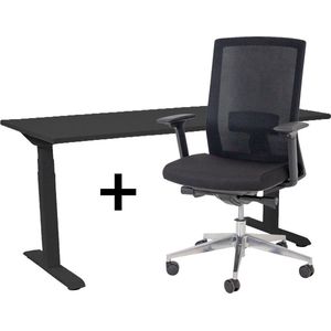 Zit-sta bureau elektrisch verstelbaar +  ERGO Bureaustoel | NEN-EN 527 PRO Thuiswerkset | frame bureau zwart - bureaublad zwart | 160x80 cm