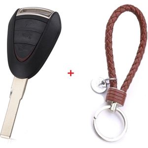 Autosleutel 3 Knoppen met HU66 sleutelblad geschikt voor Porsche sleutel / Porsche 911 / Porsche Cayenne / Porsche Cayman / Porsche Boxster/ Porsche Carrera GT / Porsche sleutel + gevlochten bruin PU-lederen sleutelhanger.