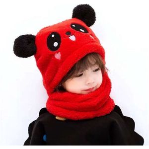 Wintermuts voor kinderen-Kinder Wintermuts-Bonnet Winter Muts Met Nekwarmer-hoeden met schattig decoratieve oortjes bovenop-Gevoerd met fleece- Maat 1-5 Jaar - Rood
