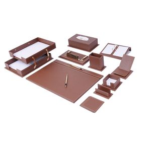 Lederen Bureauset - Luxe Bureau Organizer - LICHT BRUIN - Bureau opbergruimte - Lederen onderzetter - Bureauaccessoires - 14 Delige set