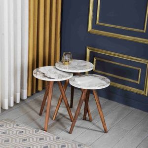 Bijzettafels - Salontafel Set | Set van 3 | Luxe design | Bijzettafel | Sofa tafel | Woonkamer tafel I Houten poten - Wit Marmer Patroon (1014)