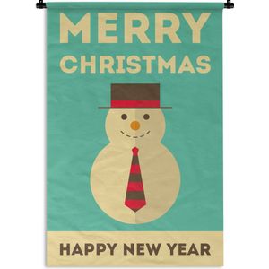 Wandkleed Kerst illustratie 3 - Kerst illustratie van een sneeuwpop met de quote Merry Christmas Happy New Year Wandkleed katoen 120x180 cm - Wandtapijt met foto XXL / Groot formaat!
