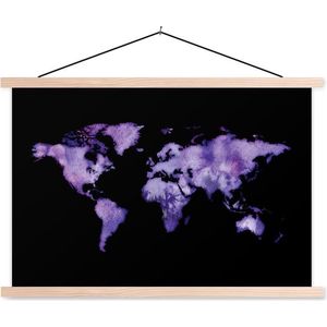 Posterhanger incl. Poster 60x40 cm - Schoolplaat - Wereldkaart - Waterverf - Lila - Textielposter - Blanke latten