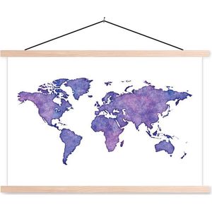 Posterhanger incl. Poster 120x80 cm - Schoolplaat - Wereldkaart - Waterverf - Paars - Textielposter - Blanke latten