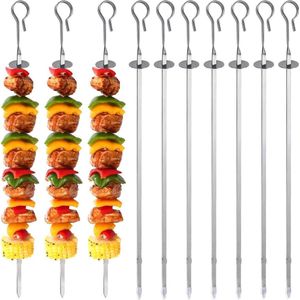 HN® 10 stuks roestvrijstalen grillspiesen | 35 cm lang | metalen BBQ spiesen met schuifregelaar | herbruikbare brede platte spiesstokken