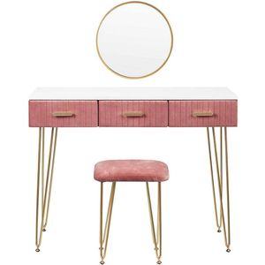 Luxe Kaptafel met Spiegel en Krukje- Moderne Dressoir - Wit / Roze - 3 Lades - 100 x 40 x 77 cm - Make Up Tafel