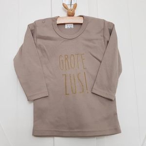 Shirt grote zus | lange mouw T-Shirt | beige met goud | maat 74 |big sis sister zwangerschap aankondiging bekendmaking big sis sister