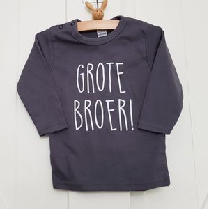 baby shirt met tekst jongen grote broer cadeau aanstaande zwangerschap aankondigen bekendmaken opa en oma oom tante little brother big grijs lange mouw maat 74