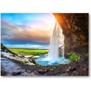 Seljalandsfoss waterval - zonsondergang - 70x50 Canvas Liggend - Landschap - Natuur
