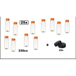 25x Flesje PET helder 330cc met oranje dop + 25 zwarte doppen - drink fles vruchten sap limonade drank