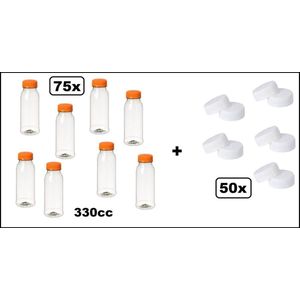 75x Flesje PET helder 330cc met oranje dop + 50 witte doppen - drink fles vruchten sap limonade drank