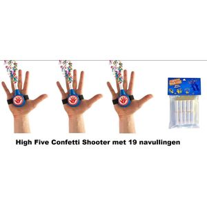 3x High Five Confetti Shooter met papieren snippers + 19 navullingen - shooter papier hig five thema feest festival party jubileum huwelijk