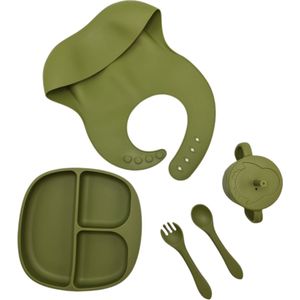 Dinerset - Kinderserviesset - 5 delig kinderserviesset - Siliconen slab met opvangbakje - diner - Kinderbestek - Bestekset - kinderservies - kraamcadeau - baby - kind - servies - babyservies - eten - drinken - dinerset - diner - kraampakket - Groen