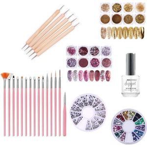Nail Art Set Deluxe - Rhinestones + Nail Art Penselen 15 stuks + Dotting Pennen + Top Coat - Nagel versiering set Super Deal!