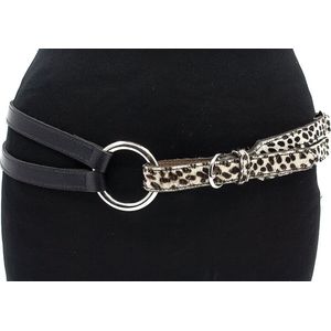 A-Zone Afhang riem met leopard riempje - heren en dames riem - 4 cm breed - Zwart - Echt Leer - Taille: 95cm - Totale lengte riem: 110cm