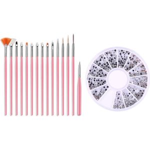 Complete Nail Art Kit - 15 delig Penselen Set + Rhinestones Zilver - DEAL!