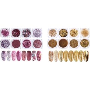 Nail Art Glitter Poeder Set - 2 X 8 Stuks - Goud / Champagne / Zilver & Rosé / Zilver / Roze - Nagel Decoratie Strass Rhinstones
