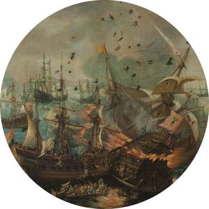 Slag bij Gibraltar in 1607, Cornelis Claesz. van Wieringen - Foto op Behangcirkel - ⌀ 150 cm